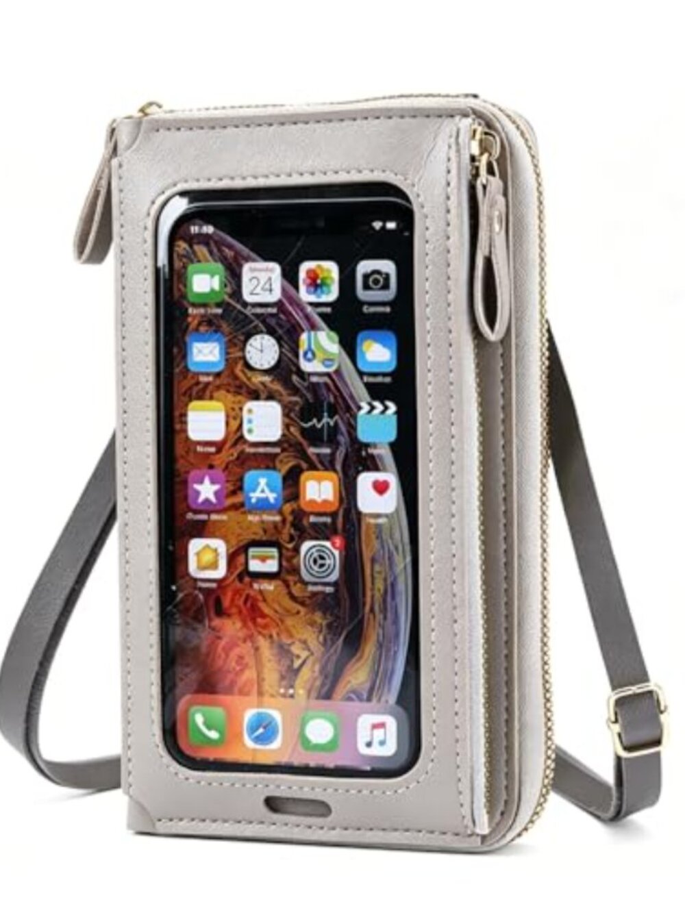 Touch Screen Crossbody Phone Purse PU Leather Multi Pocket Detachable Strap